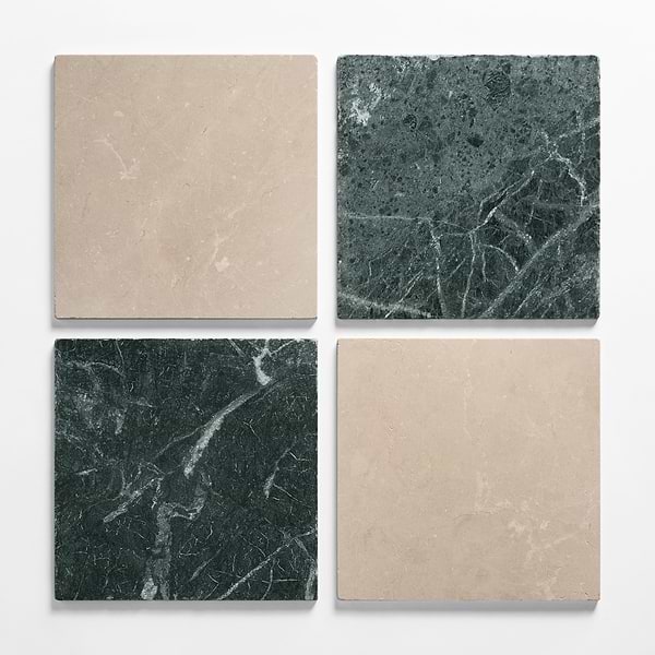 Avanti Verde Green and Crema Marfil Beige 12x12 Tumbled Marble Checkerboard Tile