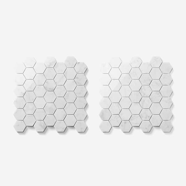 Bianco Carrara 2" Hexagon Polished Marble Mosaic Tile in White, View 5, open zoomed image