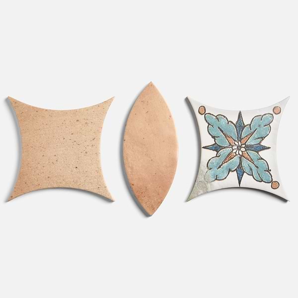 Raval Peach Terracotta 3x8 Petal and 6x6 Kite with Deco Amelia Multicolor Kite Matte Porcelain Tile