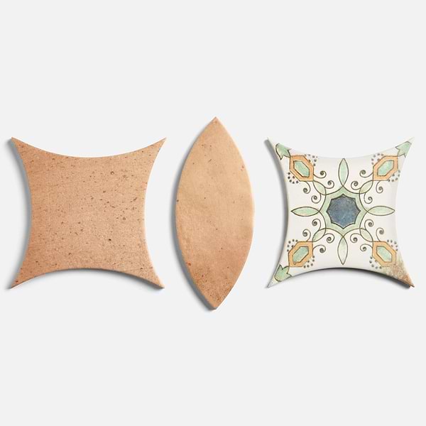 Raval Peach Terracotta 3x8 Petal and 6x6 Kite with Deco Carlota Multicolor Kite Matte Porcelain Tile