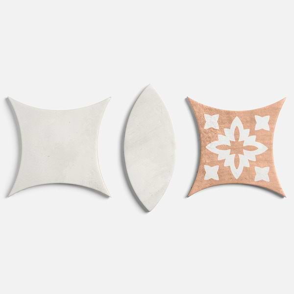 Raval White 3x8 Petal and 6x6 Kite with Deco Natalia Terracotta Kite Matte Porcelain Tile