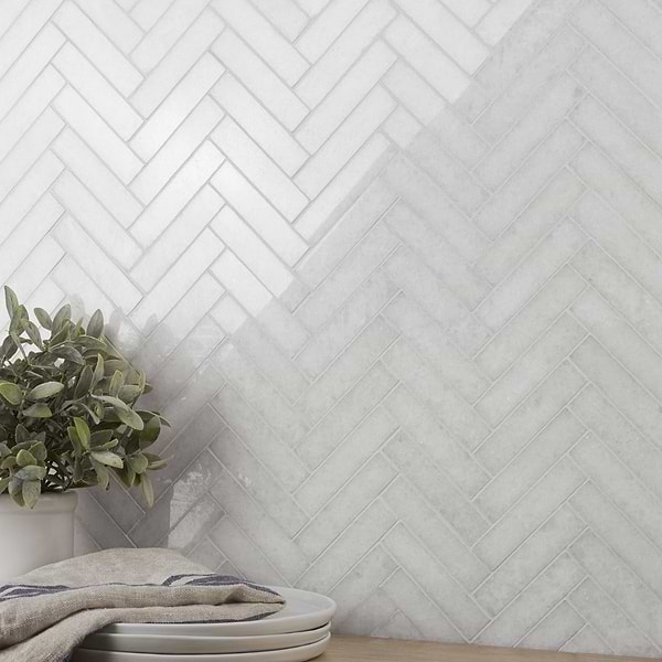 Snow White 1x4 Herringbone Polished Marble Mosaic