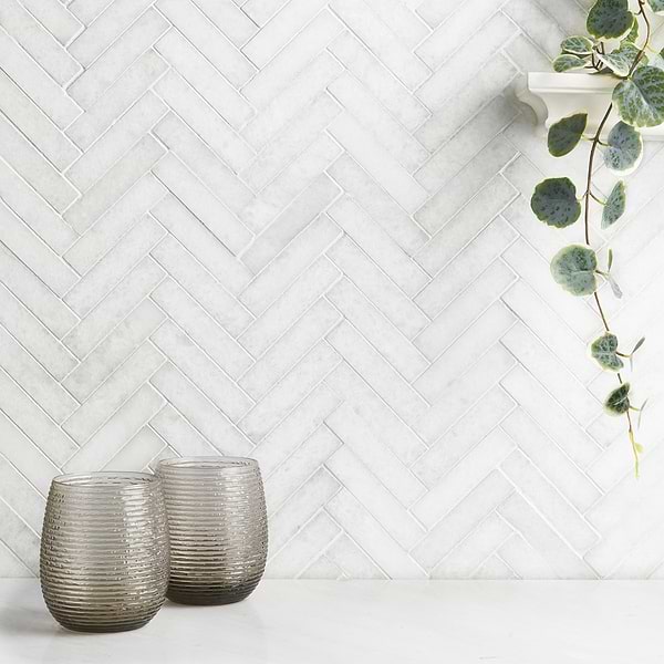 Snow White 1x4 Herringbone Honed Marble Mosaic