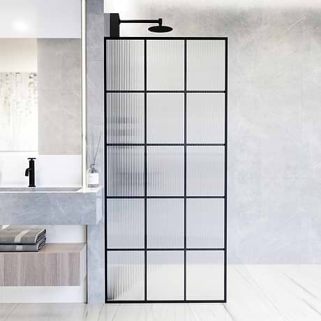 Finestra 34x74" Reversible Fixed Shower Door with Grid Fluted Glass in Matte Black