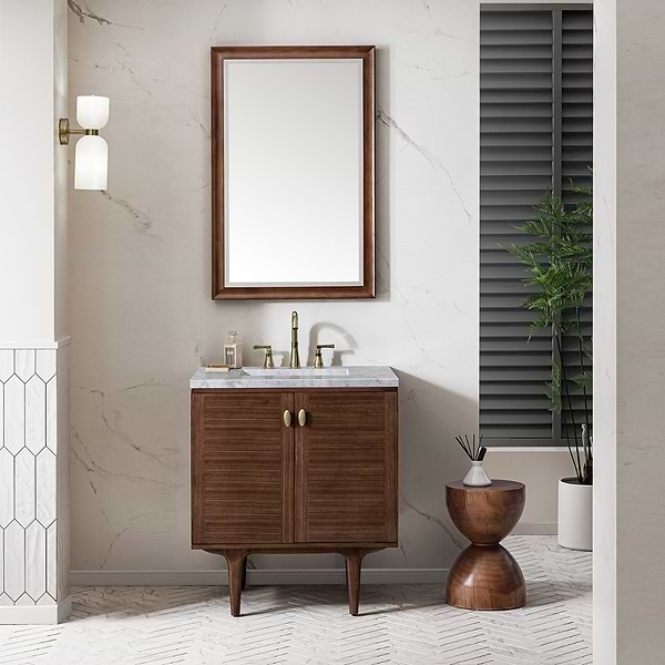 James Martin Vanities Amberly Mid-Century Walnut 30" Single Vanity with Carrara Marble Top