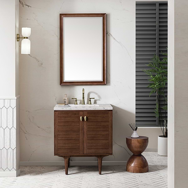 James Martin Vanities Amberly Mid-Century Walnut 30" Single Vanity with Eternal Jasmine Pearl Top