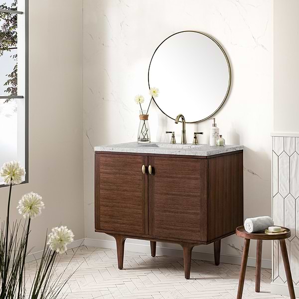 James Martin Vanities Amberly Mid-Century Walnut 36" Single Vanity with Eternal Jasmine Pearl Top