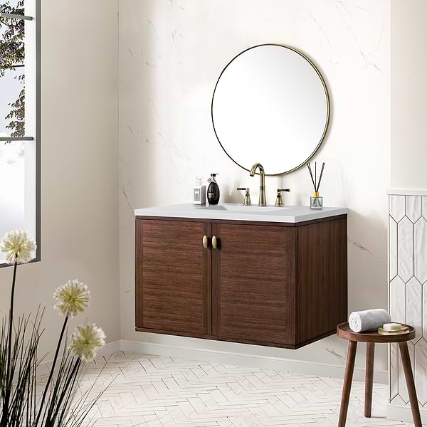 James Martin Vanities Amberly Mid-Century Walnut 36" Single Vanity with White Zeus Quartz Top