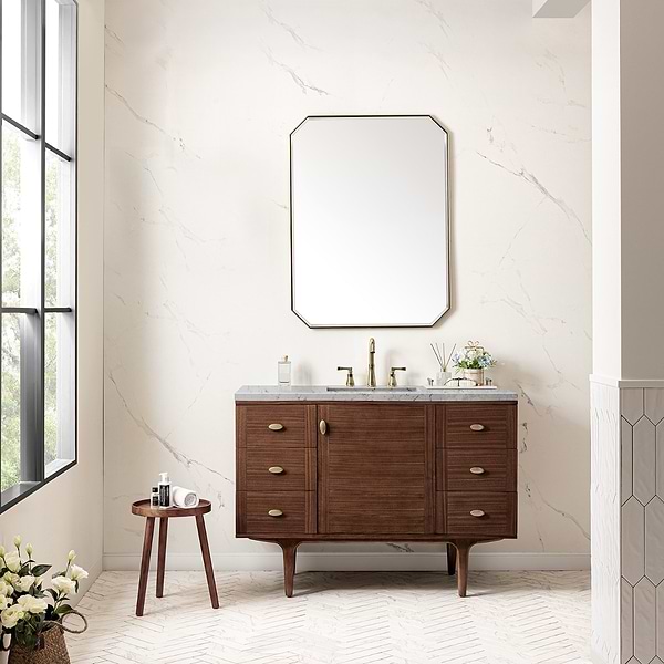 James Martin Vanities Amberly Mid-Century Walnut 48" Single Vanity with Eternal Jasmine Pearl Top