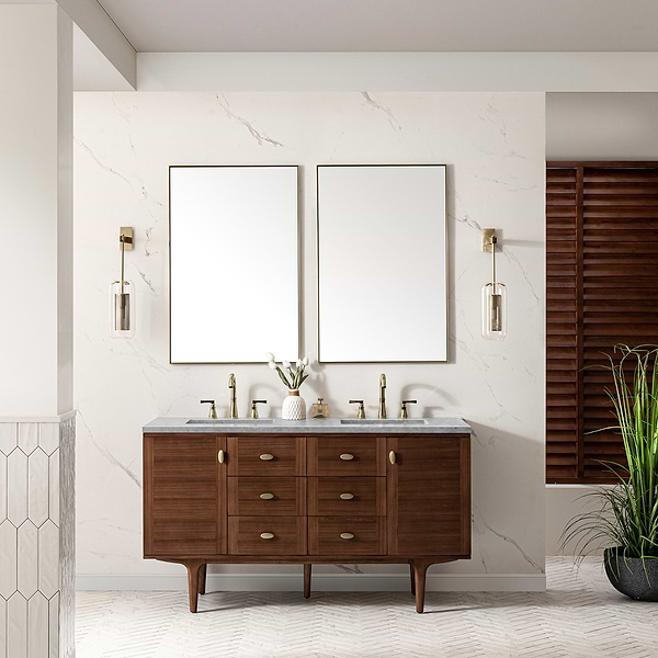 James Martin Vanities Amberly Mid-Century Walnut 60" Double Vanity with Carrara Marble Top
