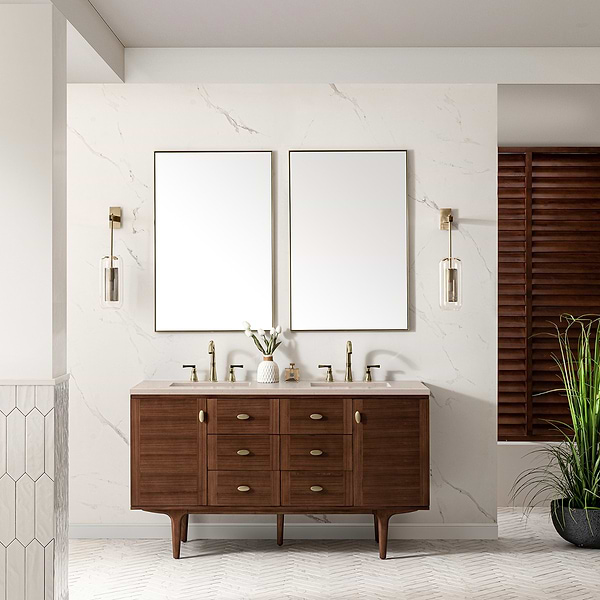 James Martin Vanities Amberly Mid-Century Walnut 60" Double Vanity with Eternal Marfil Quartz Top