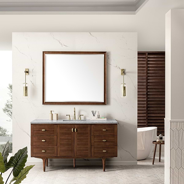 James Martin Vanities Amberly Mid-Century Walnut 60" Single Vanity with Carrara Marble Top