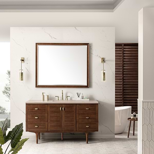 James Martin Vanities Amberly Mid-Century Walnut 60" Single Vanity with Eternal Marfil Quartz Top
