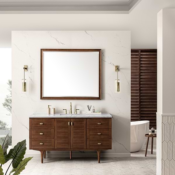 James Martin Vanities Amberly Mid-Century Walnut 60" Single Vanity with Ethereal Noctis Quartz Top