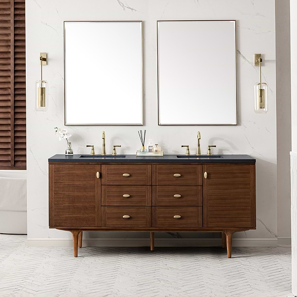 James Martin Vanities Amberly Mid-Century Walnut 72" Double Vanity with Charcoal Soapstone Quartz Top