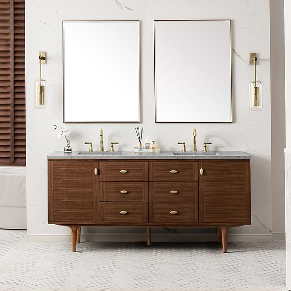 James Martin Vanities Amberly Mid-Century Walnut 72" Double Vanity with Eternal Jasmine Pearl Top
