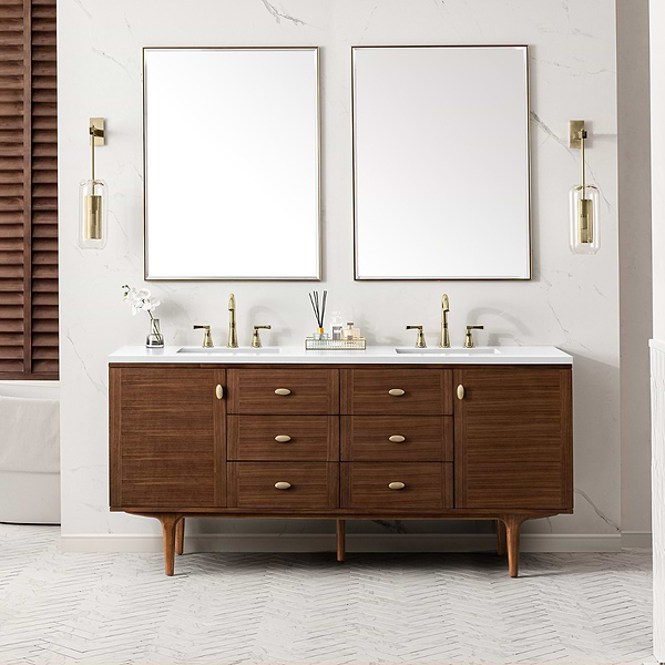 James Martin Vanities Amberly Mid-Century Walnut 72" Double Vanity with White Zeus Quartz Top
