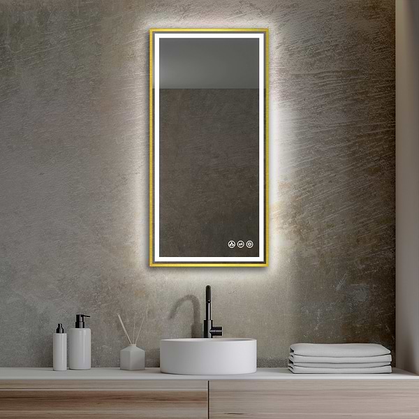 Mage Brushed Gold 18x36" Framed Rectangle LED Mirror