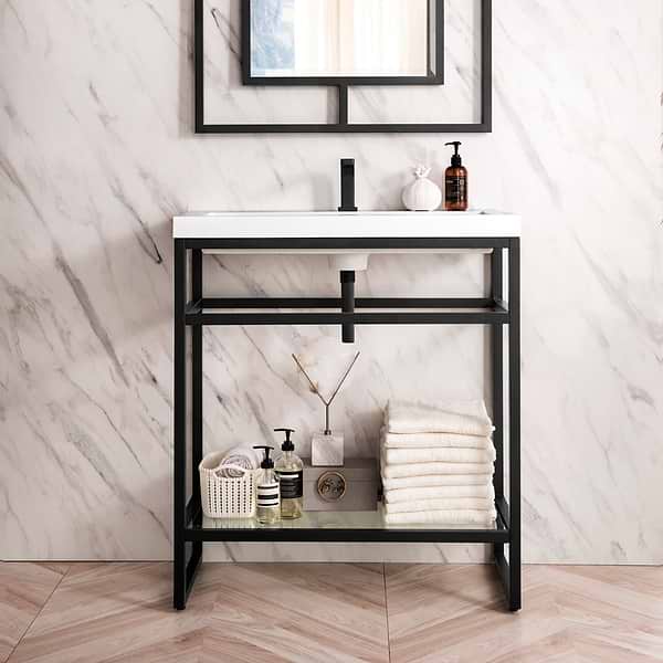 James Martin Vanities Boston Matte Black 32" Freestanding Vanity with White Integrated Top