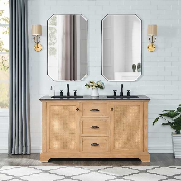 Olivier Blonde Wood 60" Double Vanity with Black Marble Top
