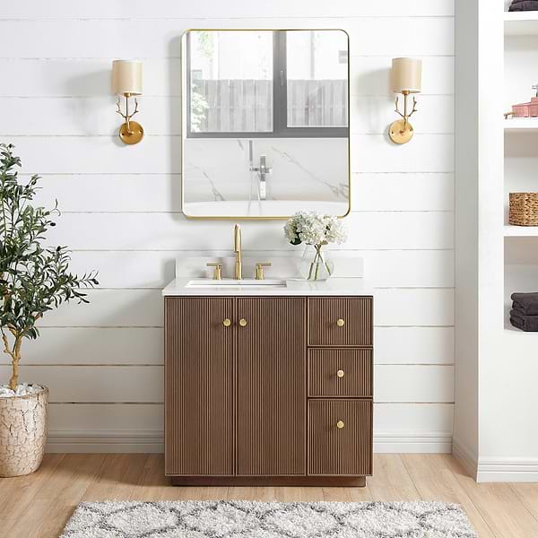 Florencia Brown Oak 36" Single Vanity with Pacific White Quartz Top