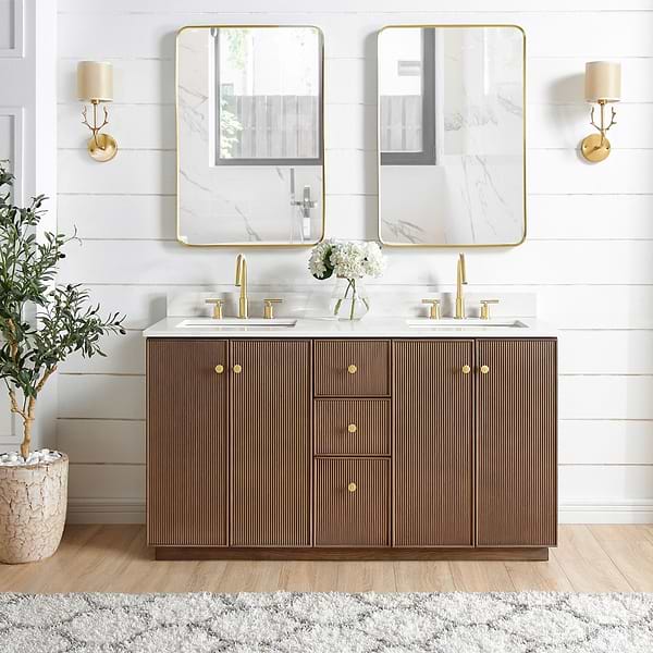 Florencia Brown Oak 60" Double Vanity with Pacific White Quartz Top