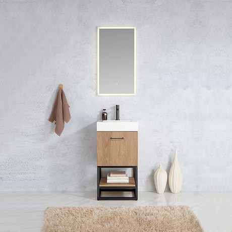 Ithica White Oak 18" Single Vanity and Black Hardware with White Intergrated Top
