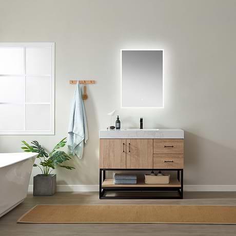 Ithica White Oak 42" Single Vanity and Black Hardware with Atlantic Stone Top