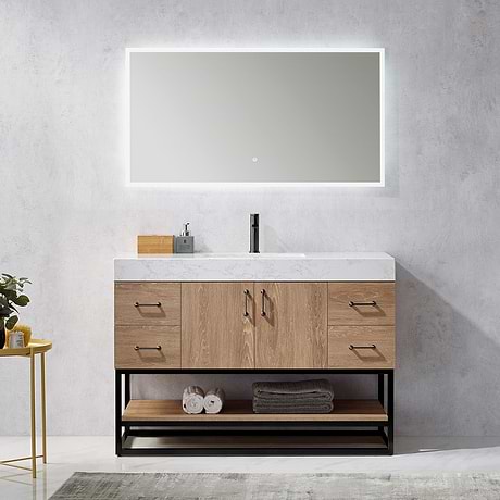 Ithica White Oak 48" Single Vanity and Black Hardware with Atlantic Stone Top