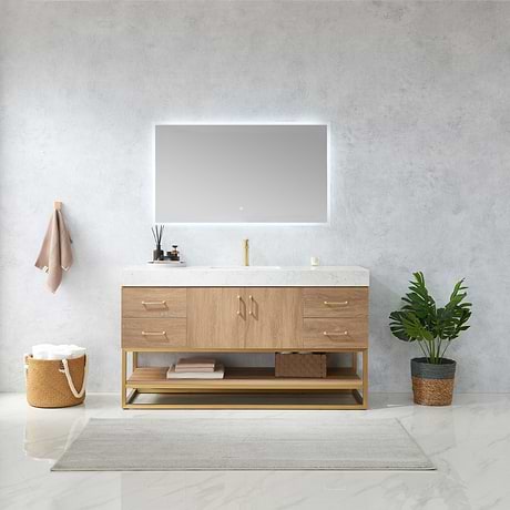 Ithica White Oak 60" Single Vanity and Gold Hardware with Atlantic Stone Top