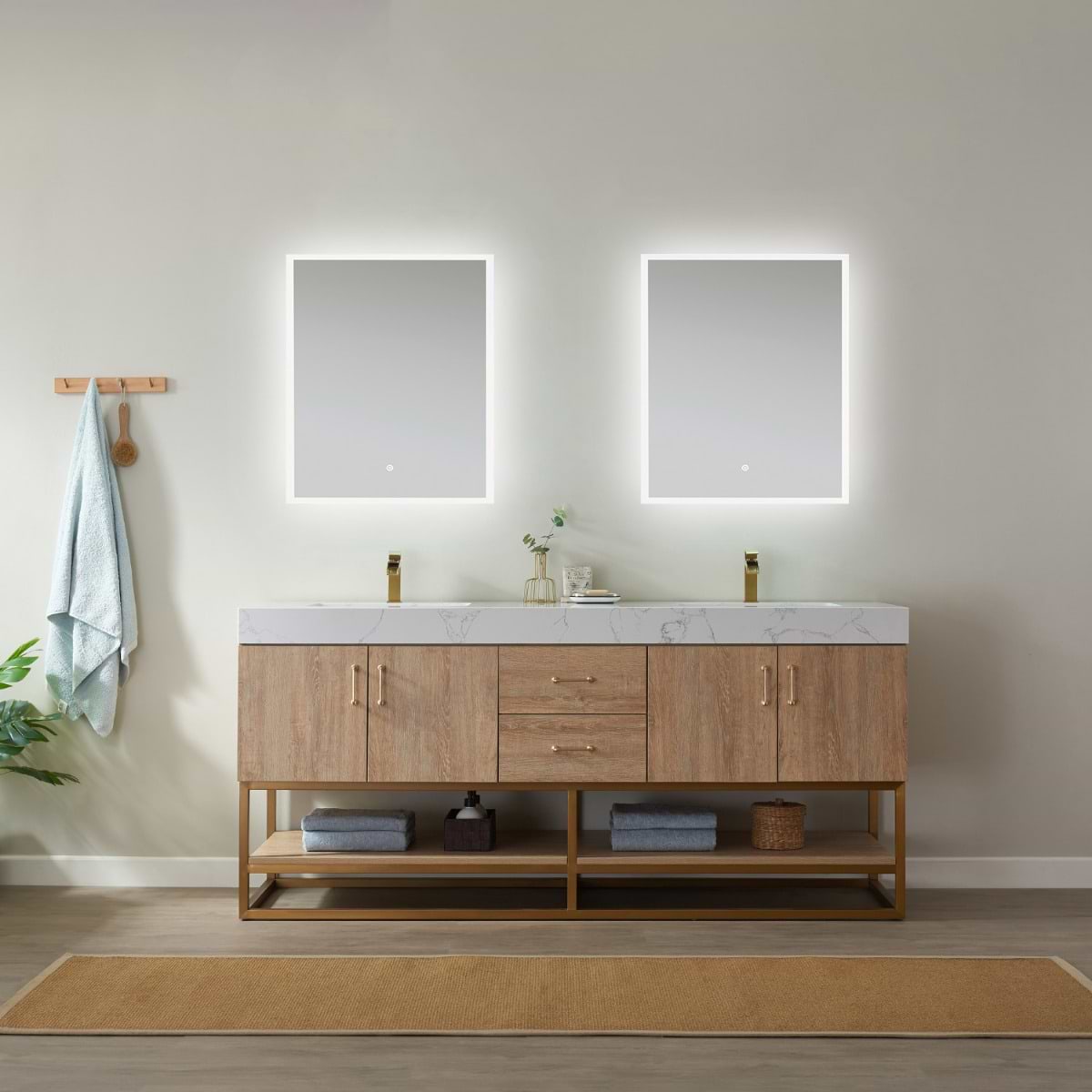 Ithica White Oak 72" Double Vanity and Gold Hardware with Atlantic Stone Top; in Style Ideas Classic, Contemporary, Industrial, Modern, Traditional, Transitional