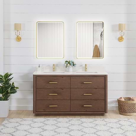 Genora Brown Oak 60" Double Vanity with Pacific White Quartz Top