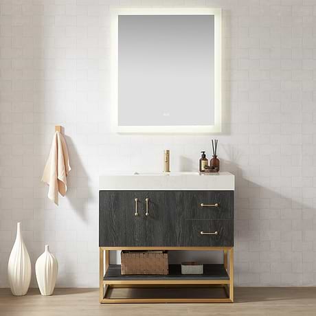 Ithica Black Oak 36" Single Vanity and Gold Hardware with Atlantic Stone Top