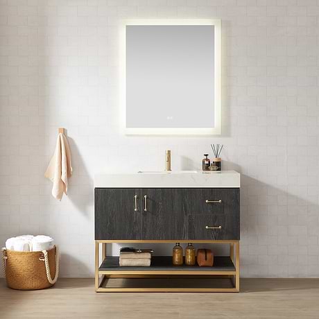 Ithica Black Oak 42" Single Vanity and Gold Hardware with Atlantic Stone Top