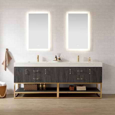 Ithica Black Oak 84" Double Vanity and Gold Hardware with Atlantic Stone Top