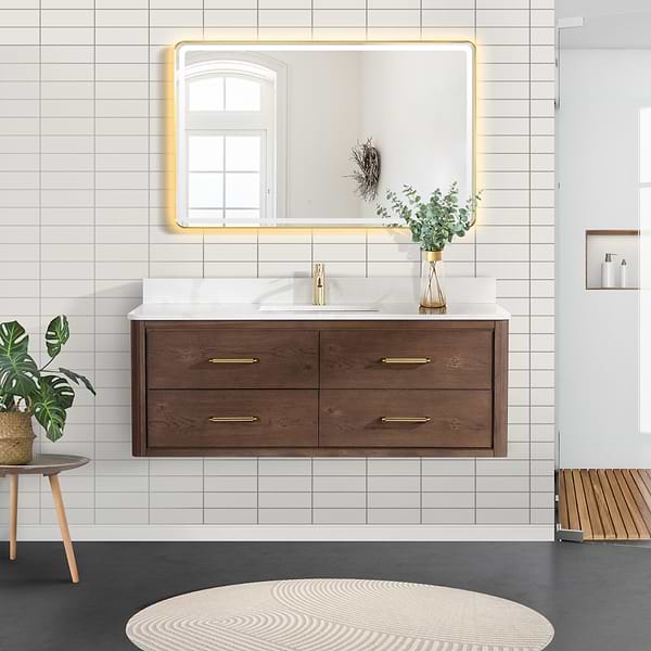 Riven Brown Oak 55" Single Vanity with Pacific White Quartz Top