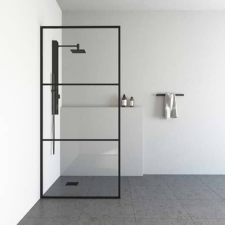 Finestra 34x74" Reversible Fixed Shower Door with Striped Clear Glass in Matte Black