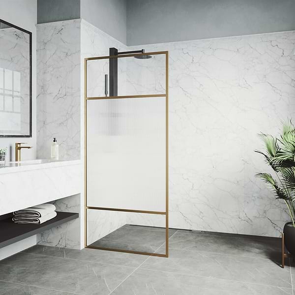 Finestra 34x74" Reversible Fixed Shower Door with Venetian Fluted Glass in Brushed Gold