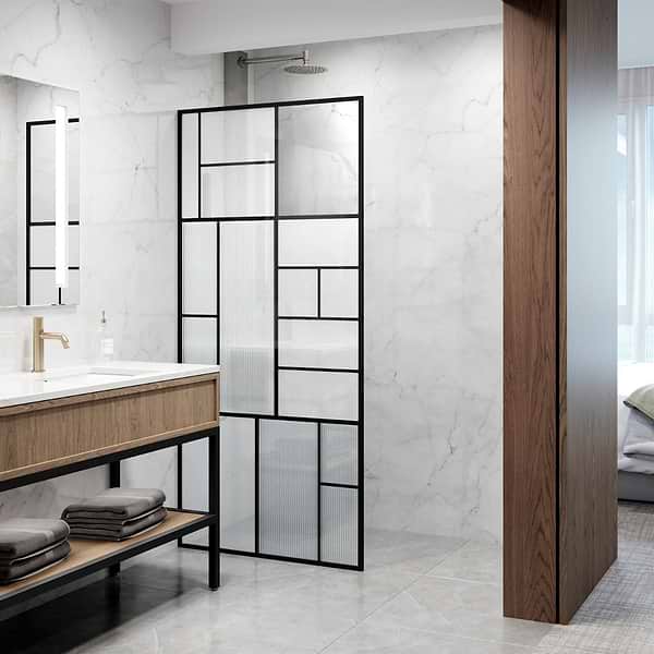 Finestra 34x74" Reversible Fixed Shower Door with Mondrian Grid Fluted Glass in Matte Black