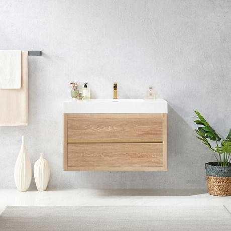 Serrano Blonde Oak 36" Single Floating Vanity with White Integrated Top