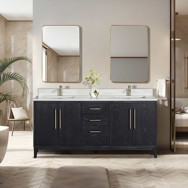 Kaitlin Black Oak 72" Double Vanity with White Composite Stone Top