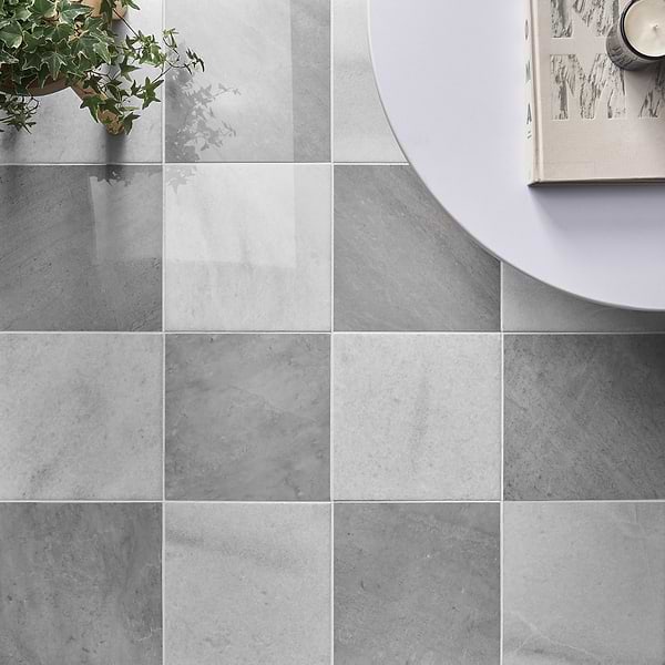 Alterno Biarritz White and Earth Gray 12x12 Polished Marble Checkerboard Tile