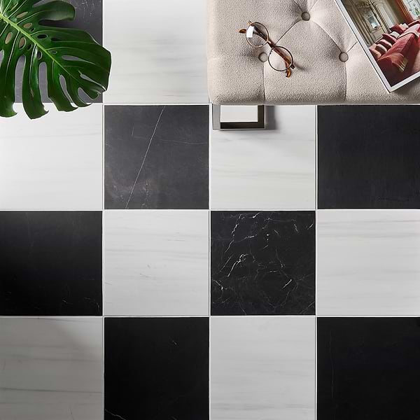 Alterno Black Silk and Glacier White Select 12x12 Honed Marble Checkerboard Tile
