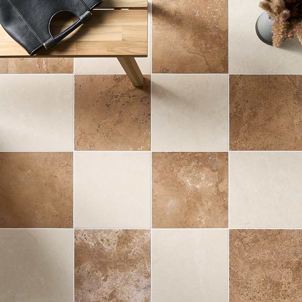 Alterno Noce Dark Brown Cross Cut and Crema Ella Beige 12x12 Honed Travertine and Marble Checkerboard Tile