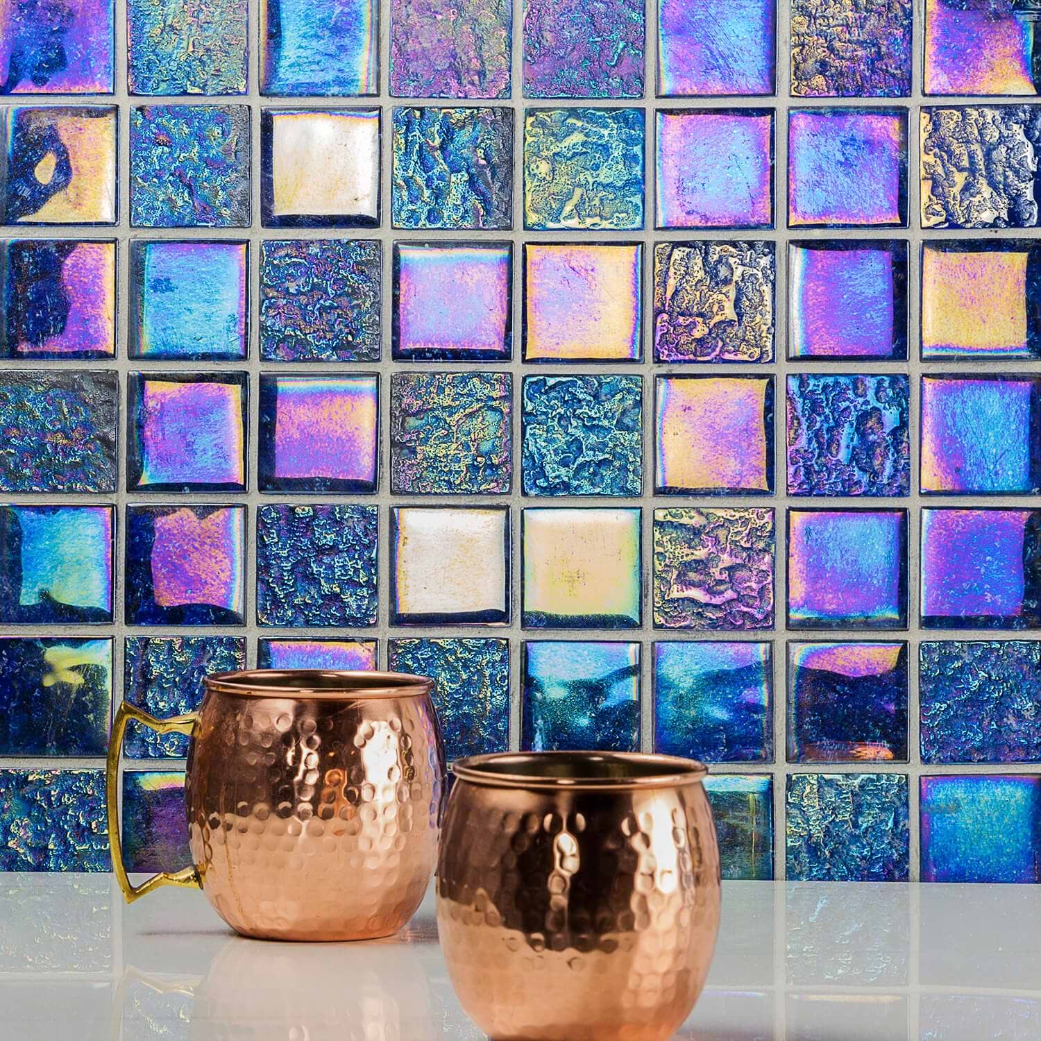 Laguna Iridescent Indigo Blue 2x2 Polished Glass Mosaic; in Indigo Glass; for Backsplash, Bathroom Floor, Bathroom Wall, Floor Tile, Kitchen Floor, Kitchen Wall, Outdoor Wall, Pool Tile, Shower Floor, Shower Wall, Wall Tile; in Style Ideas Beach, Classic, Contemporary