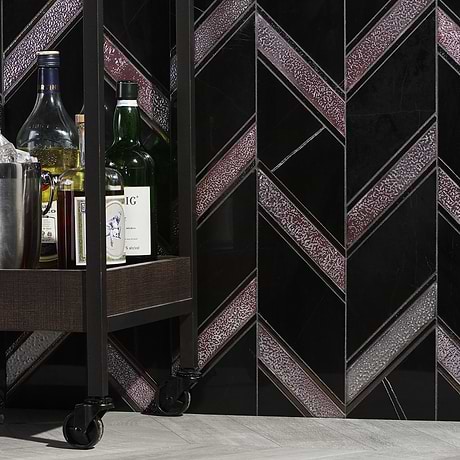 Magma Chevron Barcelona Nero Marquina Black and Iron Lava Stone Polished Mosaic Tile