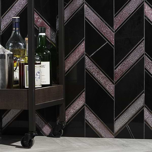 Magma Chevron Barcelona Nero Marquina Black and Iron Lava Stone Polished Mosaic Tile
