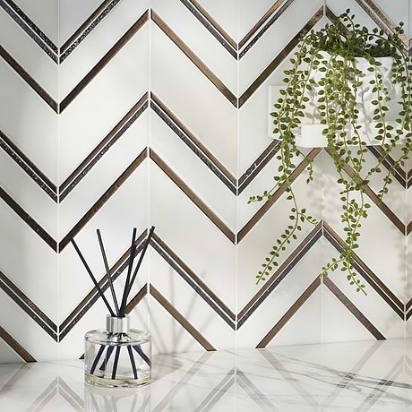 Magma Chevron Palermo White Marble and Bronze Lava Stone Polished Mosaic Tile