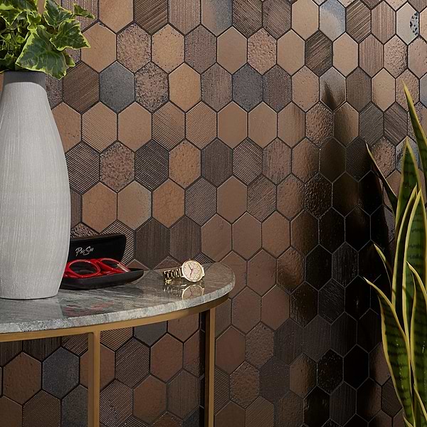 Magma Hexagon Mixed Bronze 3" Polished Lava Stone Mosaic Tile