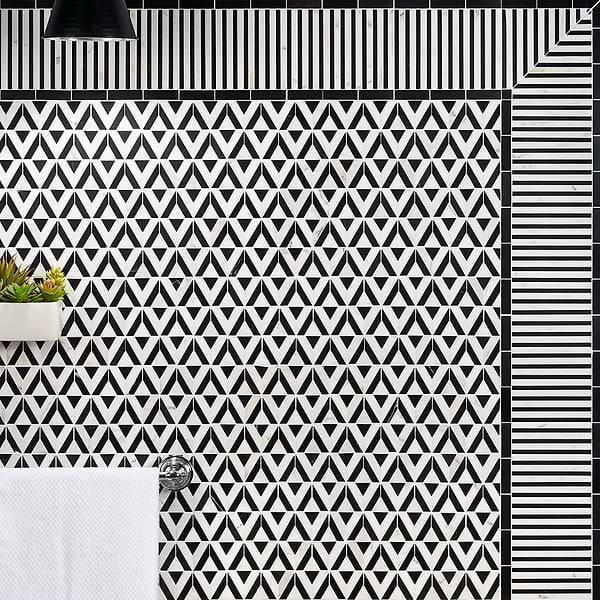 Monroe Triangle Calacatta and Black Jade Polished Marble Mosaic Tile